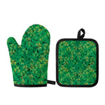Green Shamrock Leaf Pattern Print Oven Mitt And Pot Holder Set