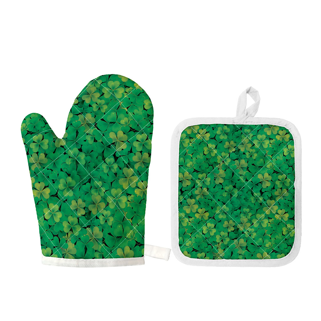 Green Shamrock Leaf Pattern Print Oven Mitt And Pot Holder Set