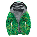 Green Shamrock Leaf Pattern Print Sherpa Lined Zip Up Hoodie