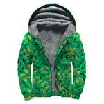 Green Shamrock Leaf Pattern Print Sherpa Lined Zip Up Hoodie