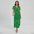 Green Shamrock Leaf Pattern Print Short Sleeve Maxi Dress