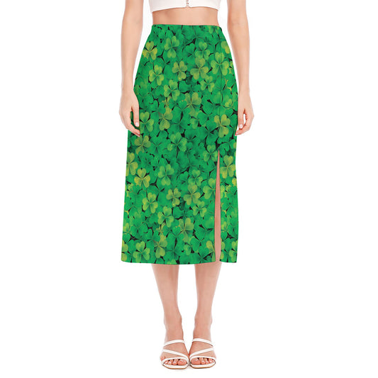 Green Shamrock Leaf Pattern Print Side Slit Midi Skirt