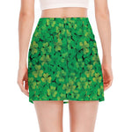 Green Shamrock Leaf Pattern Print Side Slit Mini Skirt