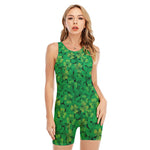 Green Shamrock Leaf Pattern Print Sleeveless One Piece Swimsuit
