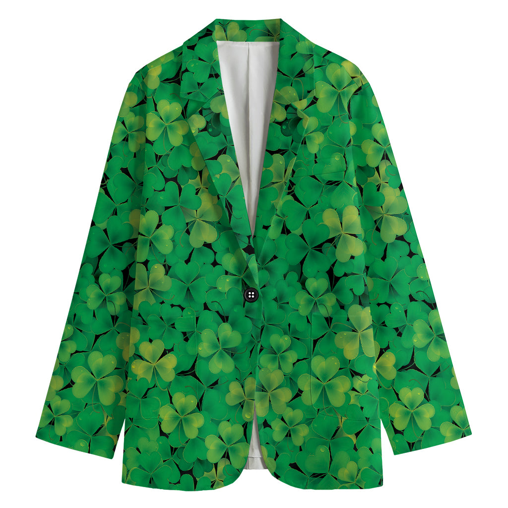 Green Shamrock Leaf Pattern Print Women's Cotton Blazer