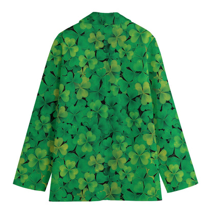 Green Shamrock Leaf Pattern Print Women's Cotton Blazer
