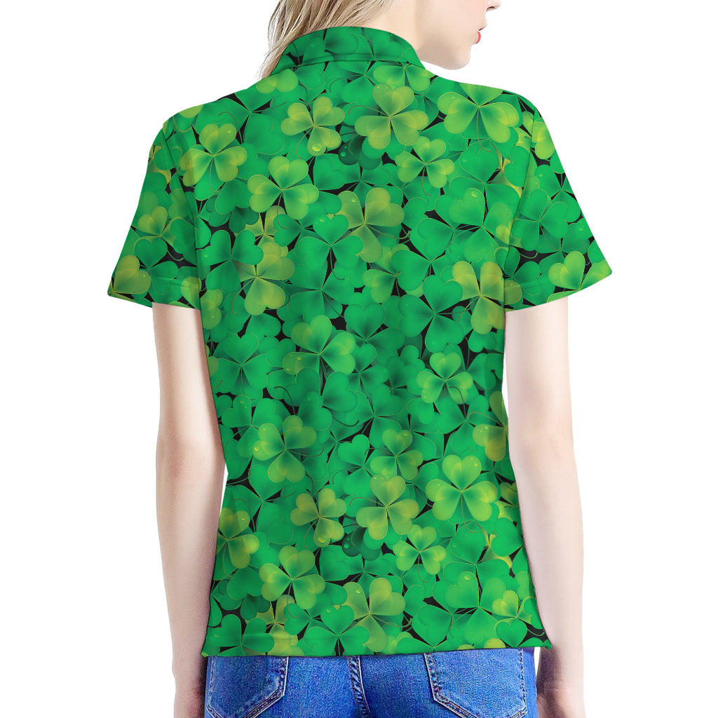Green Shamrock Leaf Pattern Print Women's Polo Shirt