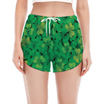 Green Shamrock Leaf Pattern Print Women's Split Running Shorts