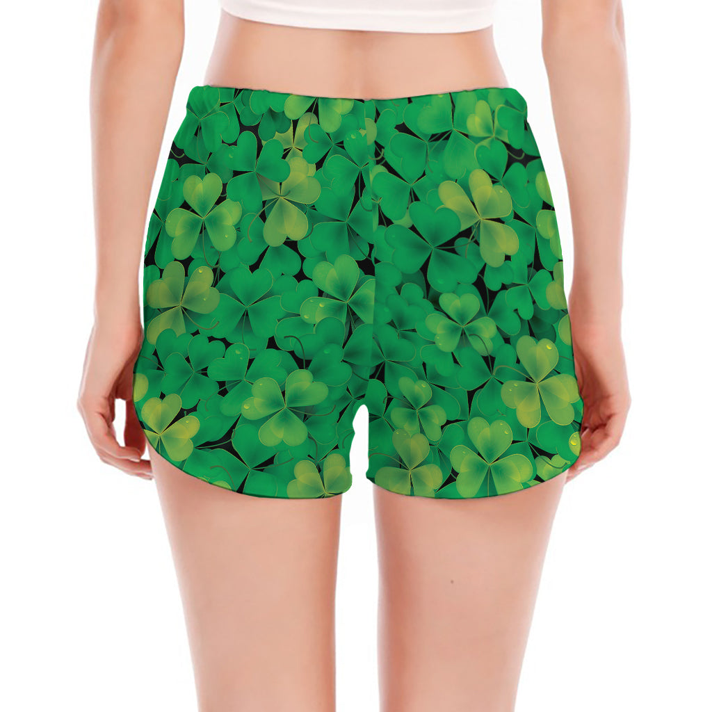 Green Shamrock Leaf Pattern Print Women's Split Running Shorts