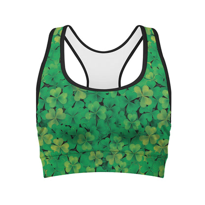 Green Shamrock Leaf Pattern Print Women's Sports Bra