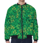 Green Shamrock Leaf Pattern Print Zip Sleeve Bomber Jacket