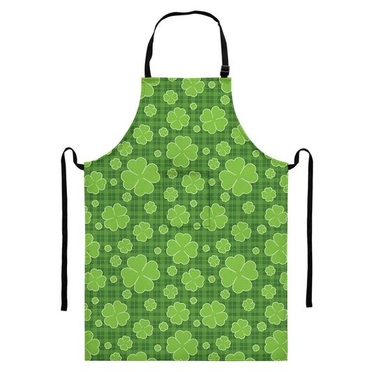 Green Shamrock Plaid Pattern Print Bib Apron With Pocket
