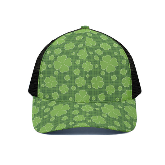 Green Shamrock Plaid Pattern Print Black Mesh Trucker Cap