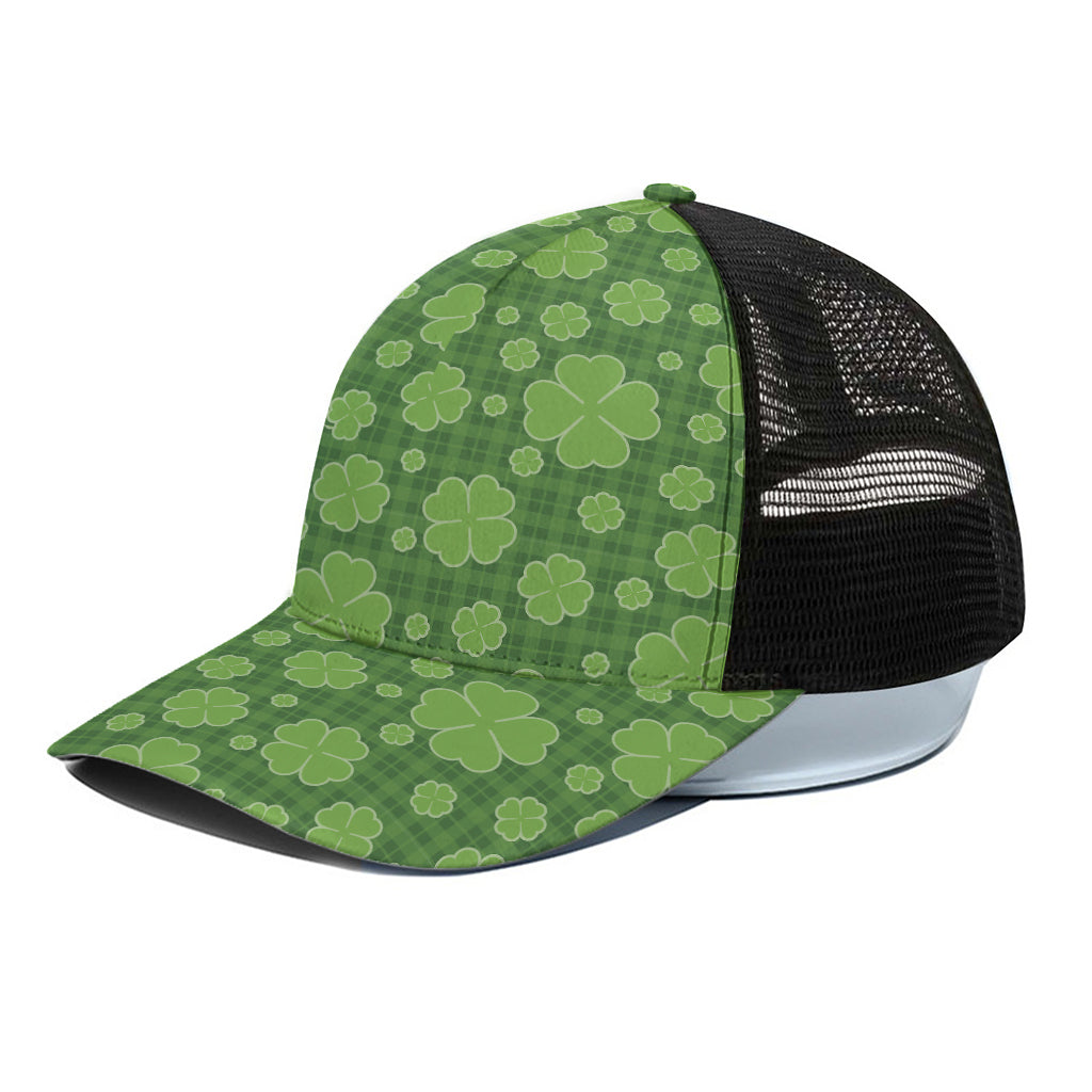 Green Shamrock Plaid Pattern Print Black Mesh Trucker Cap