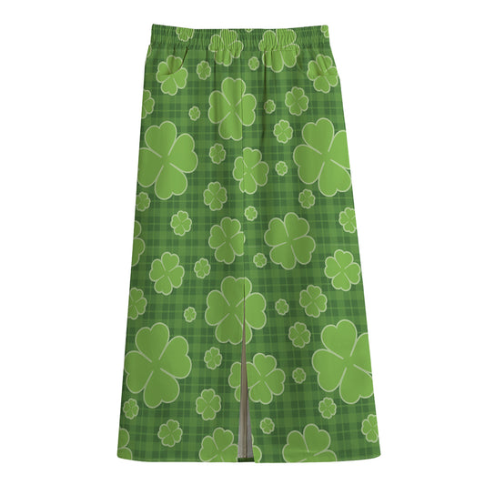 Green Shamrock Plaid Pattern Print Cotton Front Slit Maxi Skirt
