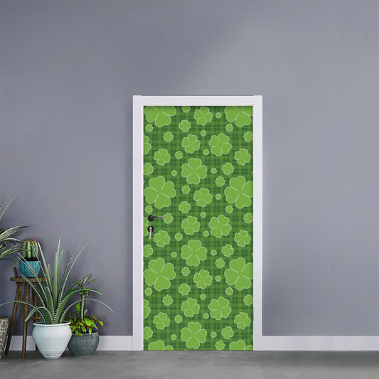 Green Shamrock Plaid Pattern Print Door Sticker