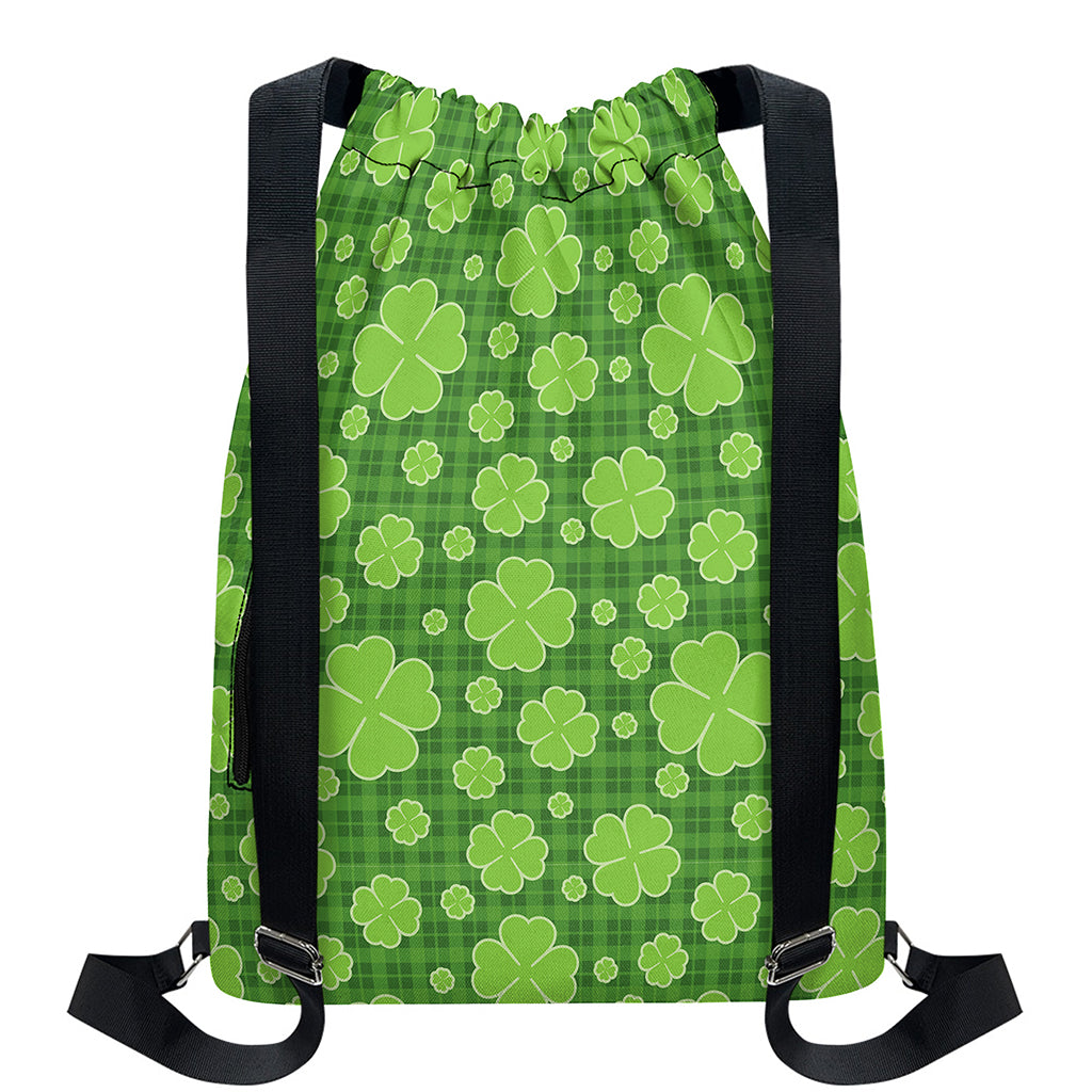 Green Shamrock Plaid Pattern Print Drawstring Backpack