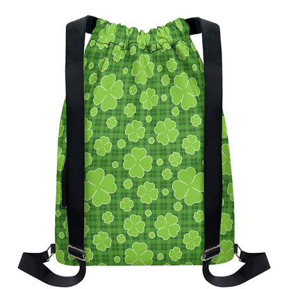 Green Shamrock Plaid Pattern Print Drawstring Backpack