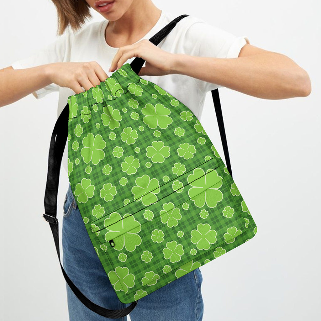 Green Shamrock Plaid Pattern Print Drawstring Backpack