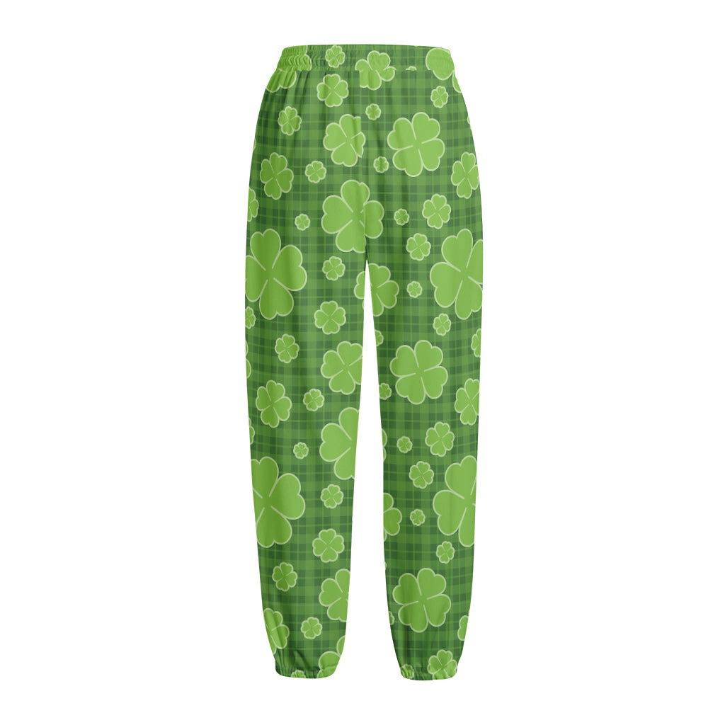 Green Shamrock Plaid Pattern Print Fleece Lined Knit Pants