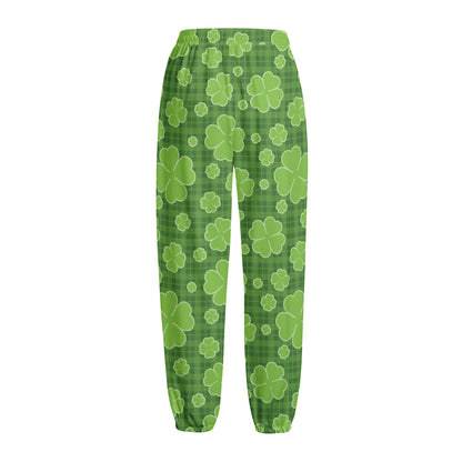 Green Shamrock Plaid Pattern Print Fleece Lined Knit Pants
