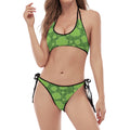 Green Shamrock Plaid Pattern Print Halter Scoop Tie Side Bikini