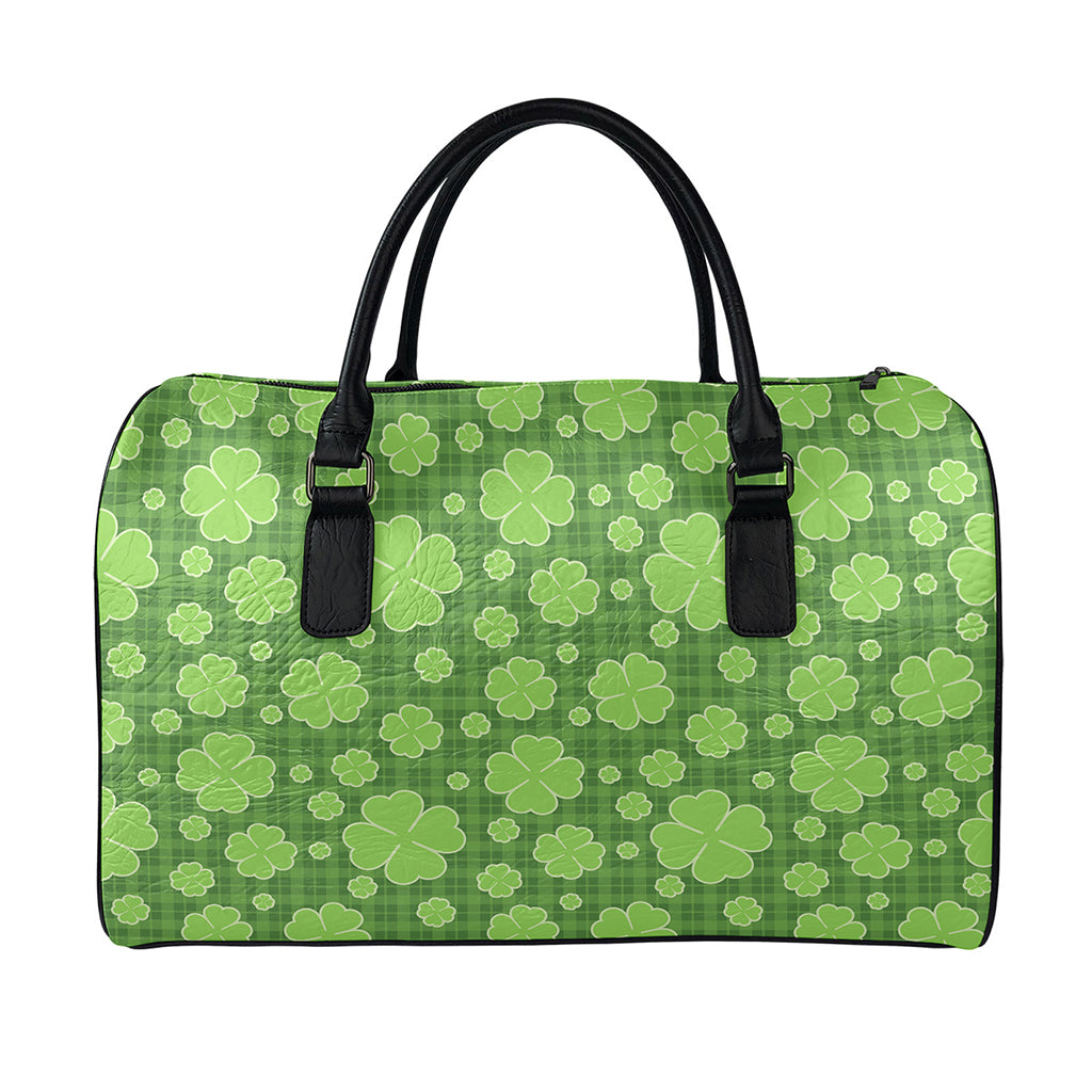 Green Shamrock Plaid Pattern Print Leather Duffle Bag