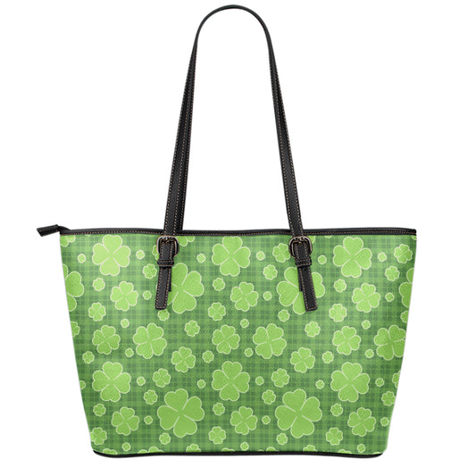 Green Shamrock Plaid Pattern Print Leather Tote Bag