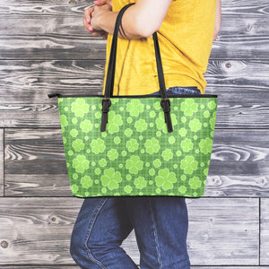 Green Shamrock Plaid Pattern Print Leather Tote Bag
