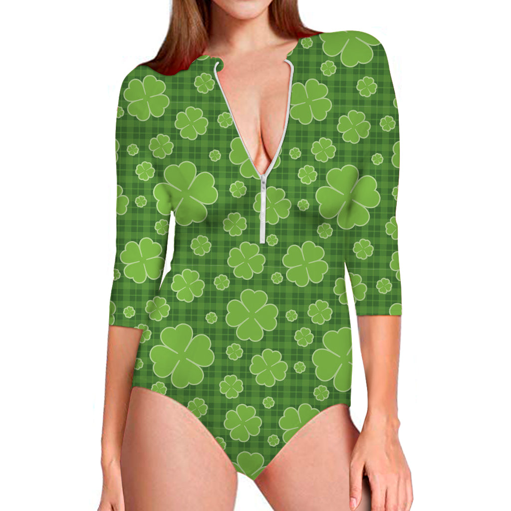Green Shamrock Plaid Pattern Print Long Sleeve Swimsuit