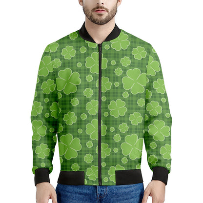 Green Shamrock Plaid Pattern Print Men's Bomber Jacket