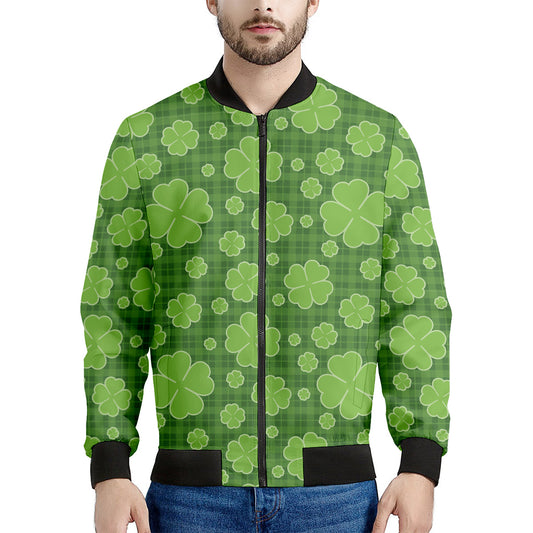 Green Shamrock Plaid Pattern Print Men's Bomber Jacket