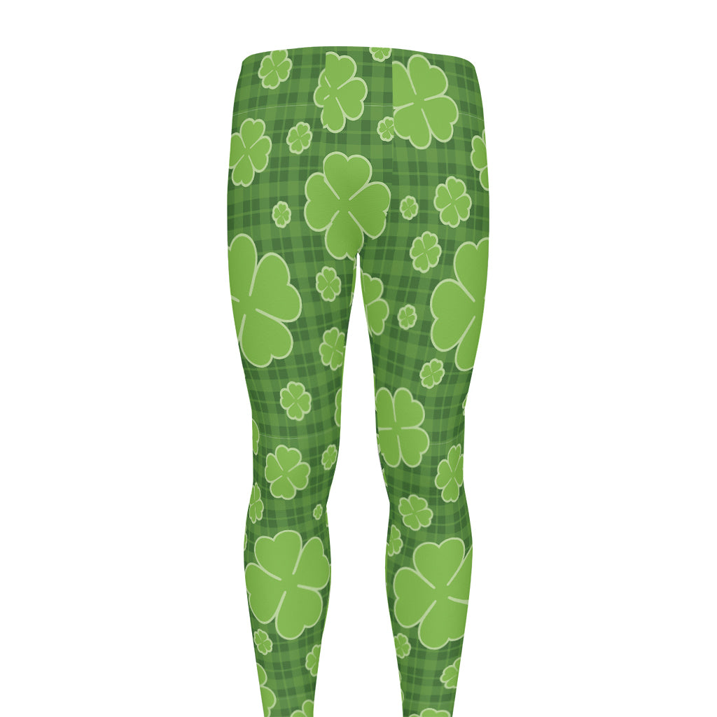 Green Shamrock Plaid Pattern Print Men's leggings