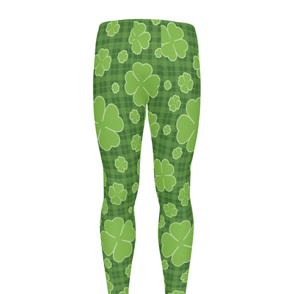 Green Shamrock Plaid Pattern Print Men's leggings