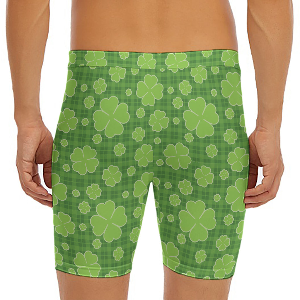 Green Shamrock Plaid Pattern Print Men's Long Boxer Briefs