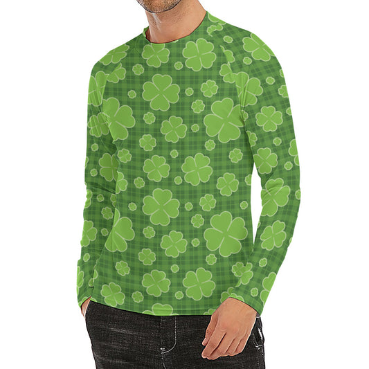 Green Shamrock Plaid Pattern Print Men's Long Sleeve Rash Guard