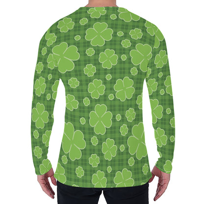 Green Shamrock Plaid Pattern Print Men's Long Sleeve T-Shirt