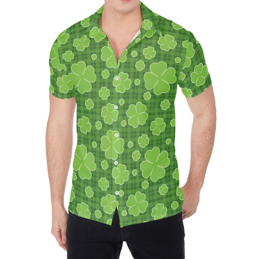 Green Shamrock Plaid Pattern Print Men's Shirt
