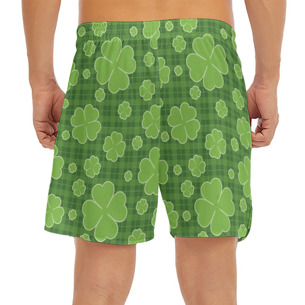 Green Shamrock Plaid Pattern Print Men's Split Running Shorts
