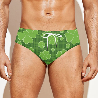 Green Shamrock Plaid Pattern Print Men's Swim Briefs