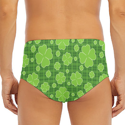 Green Shamrock Plaid Pattern Print Men's Triangle Swim Briefs