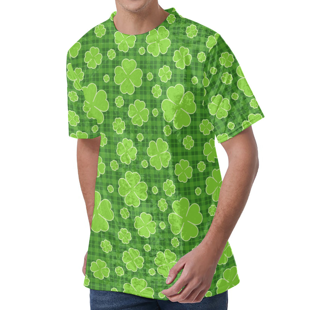 Green Shamrock Plaid Pattern Print Men's Velvet T-Shirt