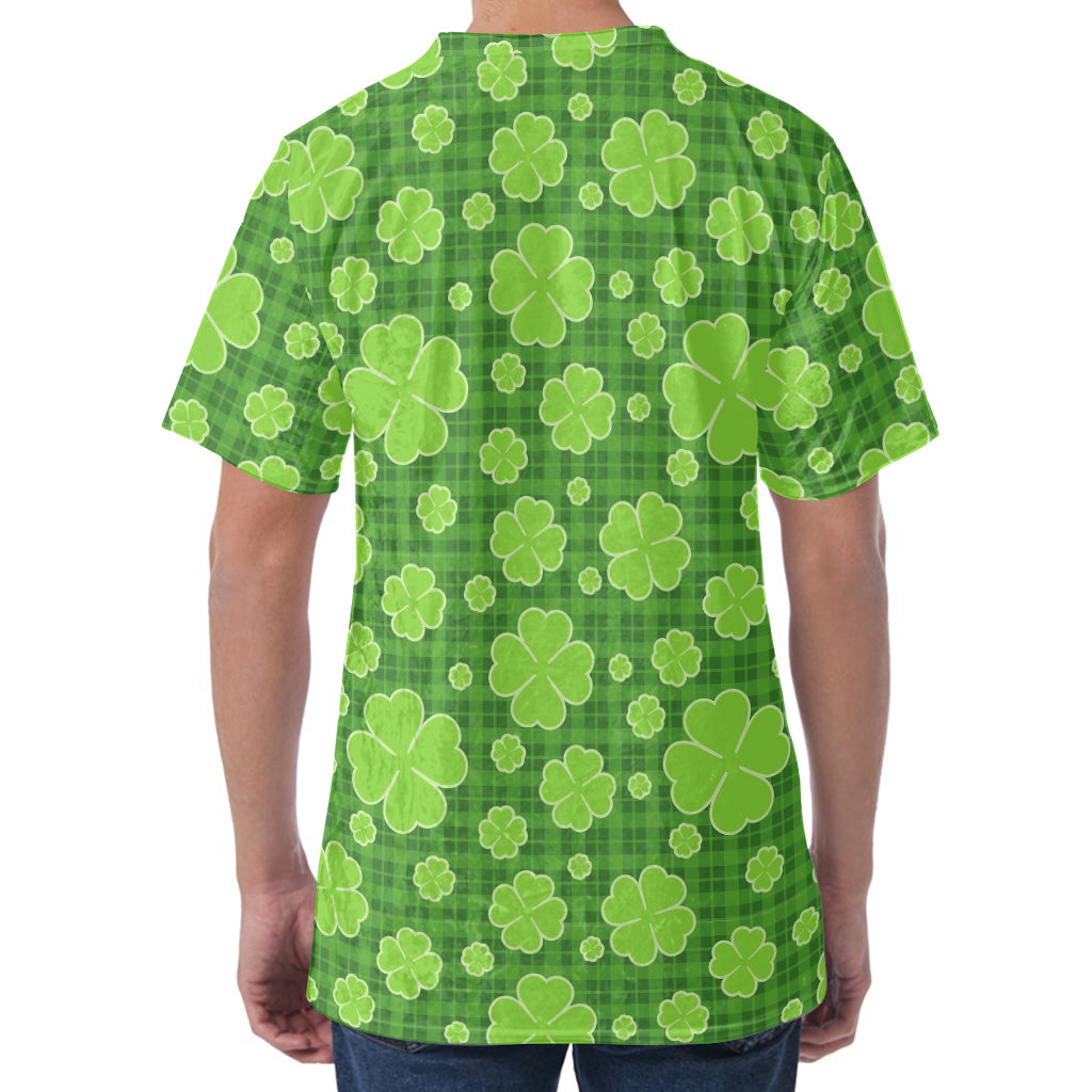 Green Shamrock Plaid Pattern Print Men's Velvet T-Shirt