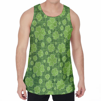 Green Shamrock Plaid Pattern Print Men's Velvet Tank Top
