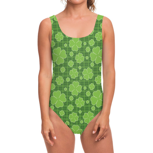 Green Shamrock Plaid Pattern Print One Piece Swimsuit