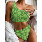 Green Shamrock Plaid Pattern Print One Shoulder Bikini Top