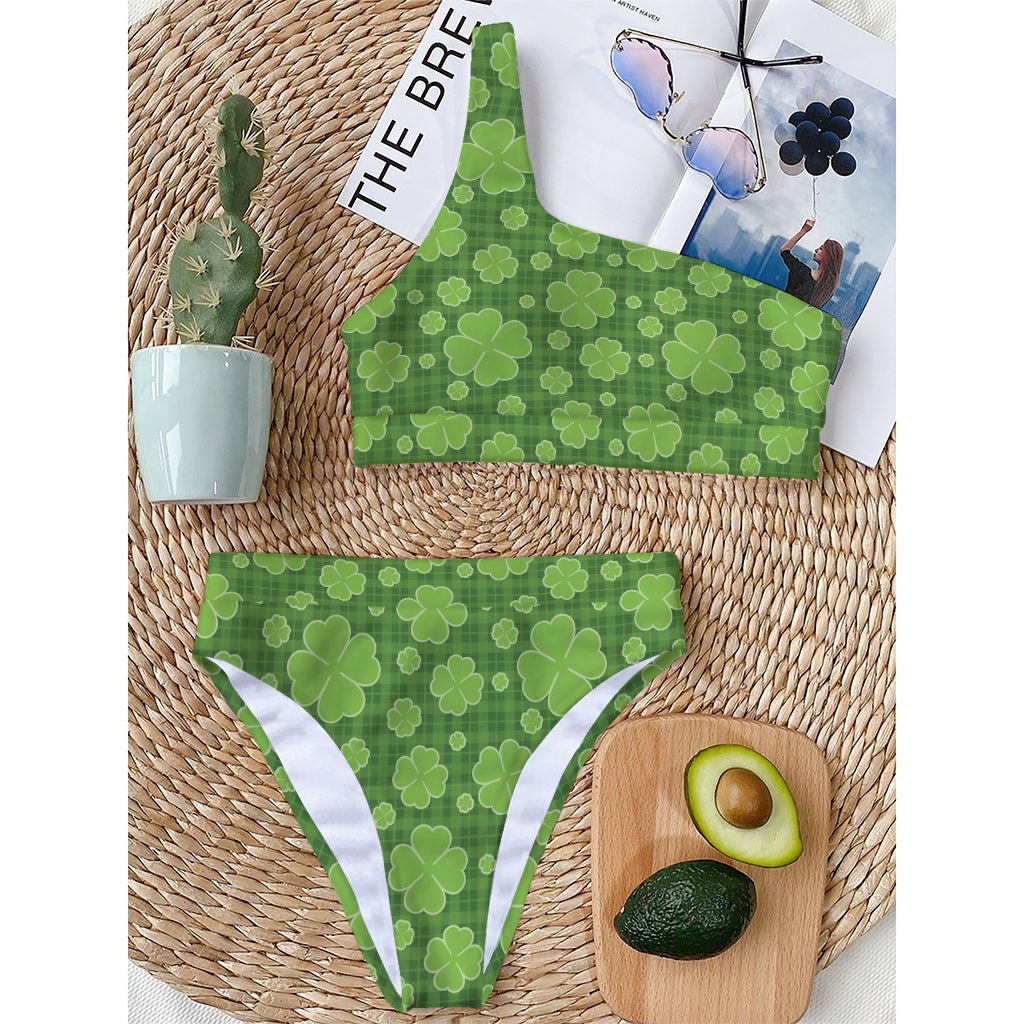 Green Shamrock Plaid Pattern Print One Shoulder Bikini Top