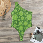Green Shamrock Plaid Pattern Print One Shoulder Bodysuit