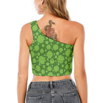 Green Shamrock Plaid Pattern Print One Shoulder Crop Top