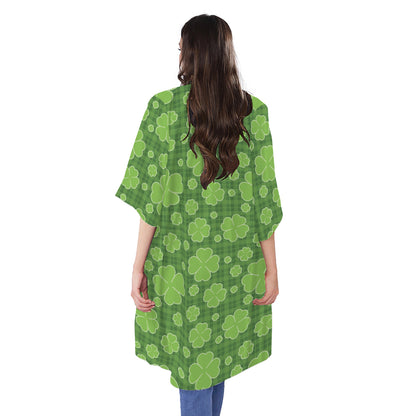 Green Shamrock Plaid Pattern Print Open Front Beach Cover Up